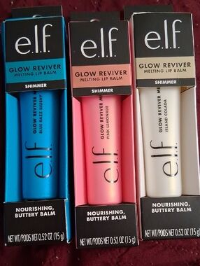 E.l.f. Glow Reviver Shimmer Butter Melting Lip Balm Trio  NIB 🍍🥥🌴🍋🫐🩷💙